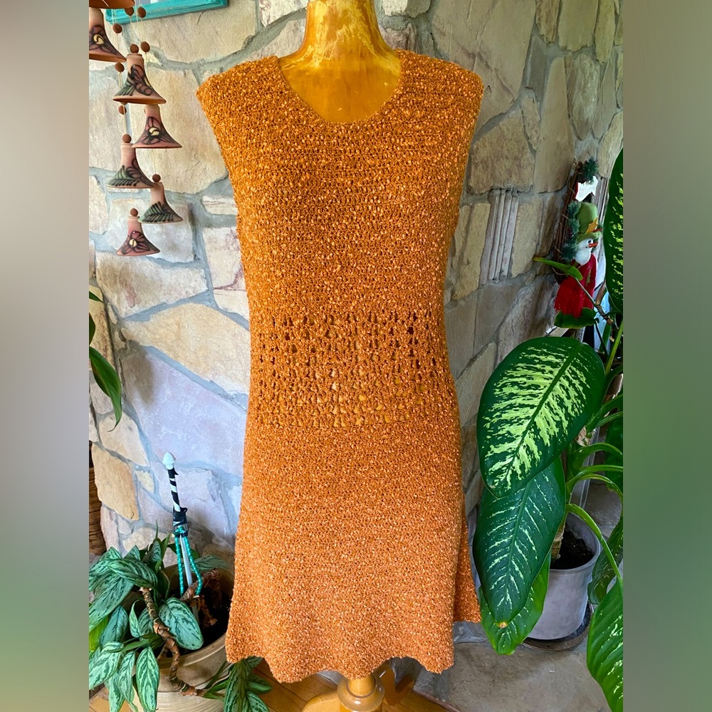 Vintage 70s Rust Orange Knit Sleeveless Dress boho hippie Cottagecore retro